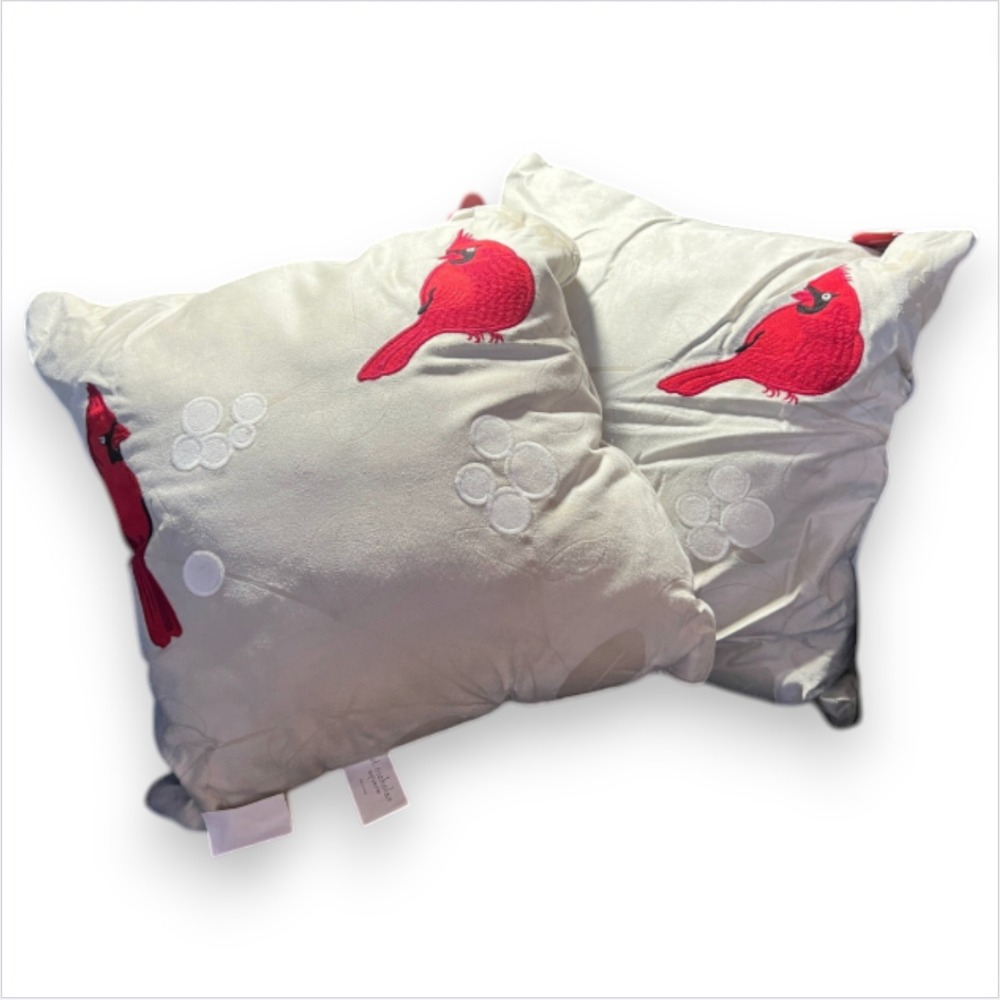 2 St. Nicholas Ivory Throw Pillows 14x14 Red Cardinals Christmas‎ Winter Decor